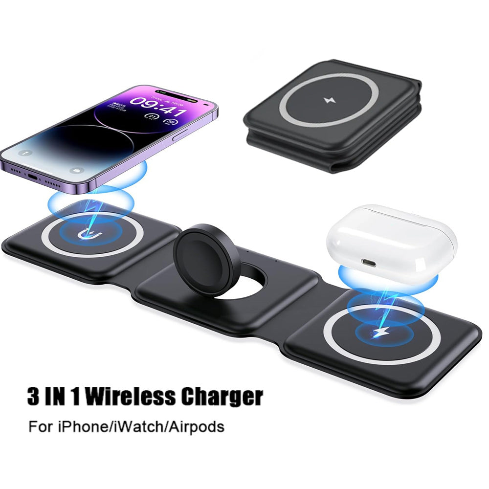 Wireless Charger 3 in 1, Magnetic Foldable Wireless Charging Station for iPhone 13/12/11 Pro Max/X/Xs Max/8/8 Plus, AirPods 3/2/pro, iWatch Series 7/6/5/SE/4/3/2, and Samsung Phones(Black)