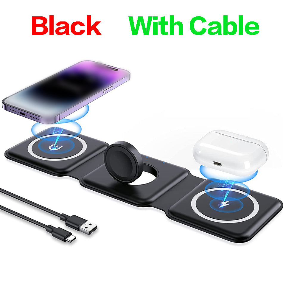 Wireless Charger 3 in 1, Magnetic Foldable Wireless Charging Station for iPhone 13/12/11 Pro Max/X/Xs Max/8/8 Plus, AirPods 3/2/pro, iWatch Series 7/6/5/SE/4/3/2, and Samsung Phones(Black)